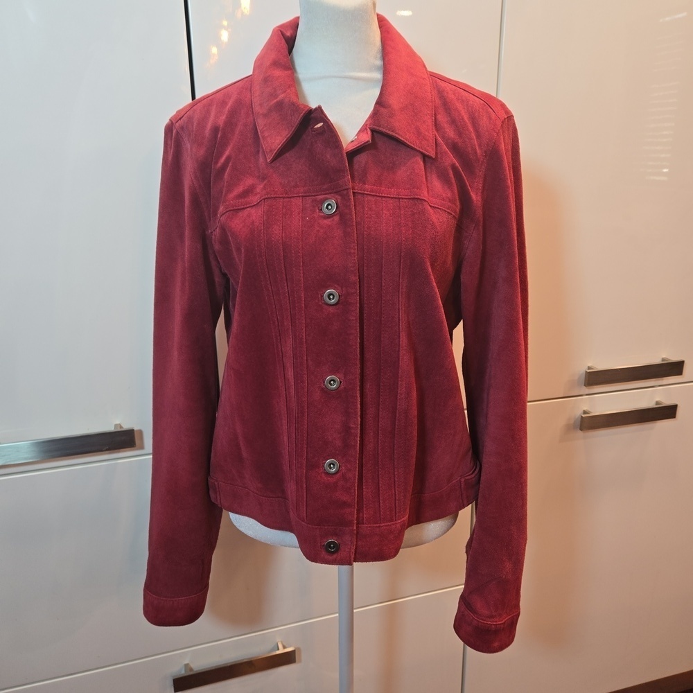 Cherry Red Genuine Suede Button Down Pleated Leather Jacket Womens Size Medium